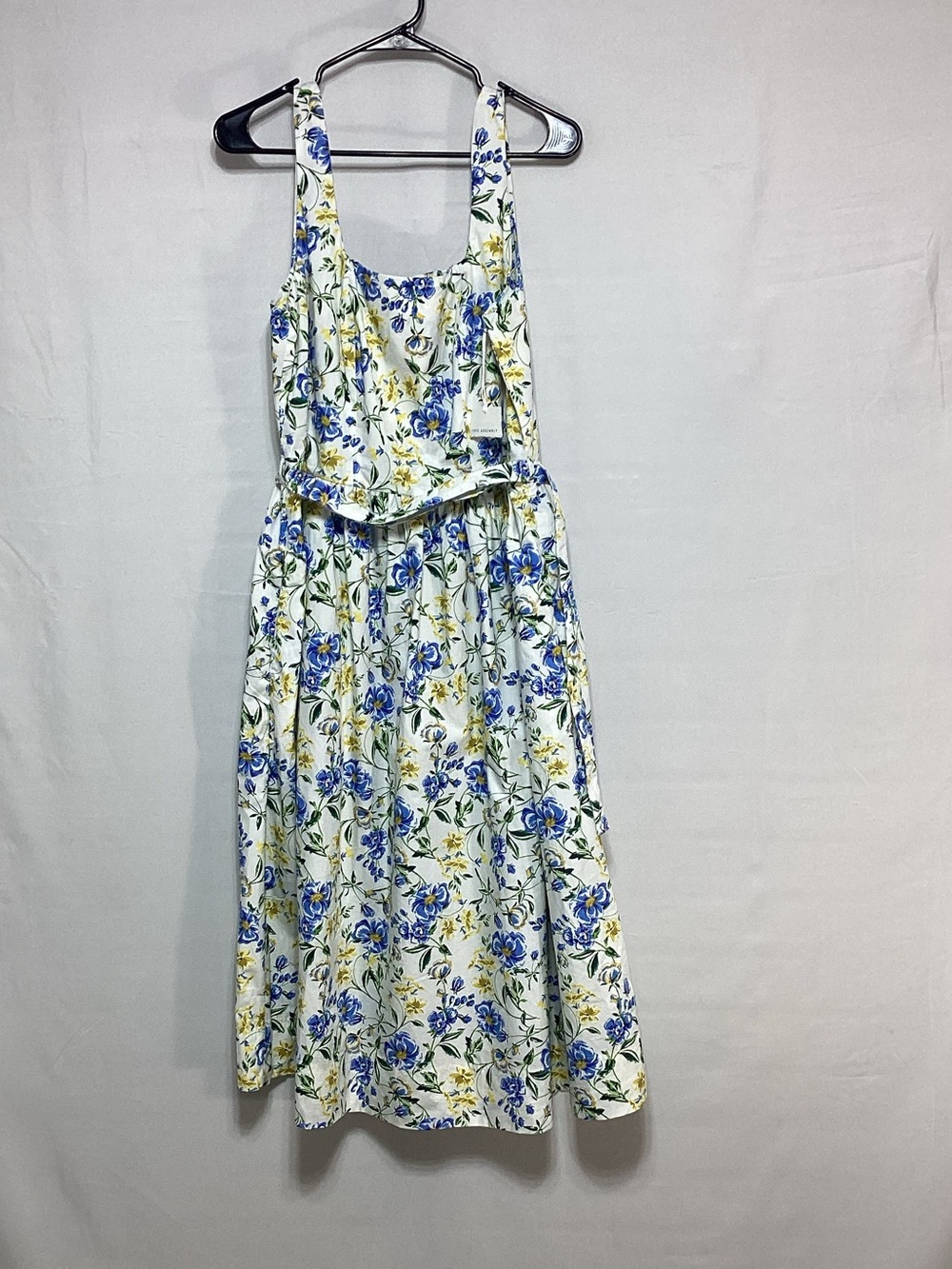 Sleeveless Floral Midi Dress Large in White with Blue & Yellow Blooms
